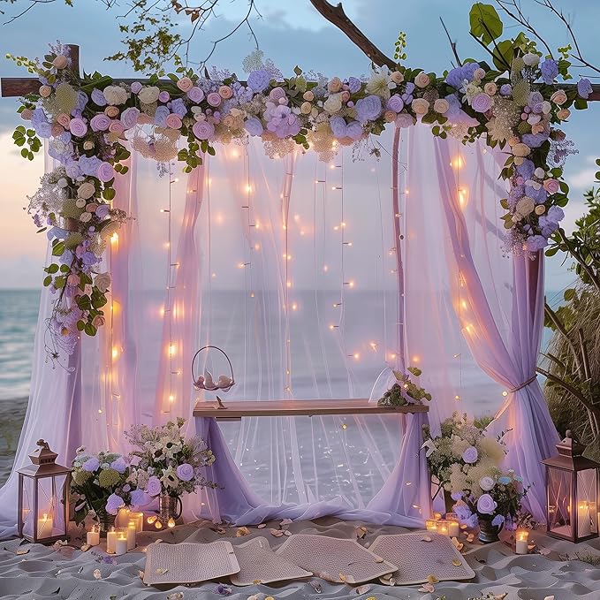 Fomcet Lavender Tulle Backdrop Curtains with Lights String 10FT X 10FT Sheer Curtain with Lights Tulle Curtains Backdrop for Wedding Birthday Party Photo Shoot (2 Panels 5x10FT)
