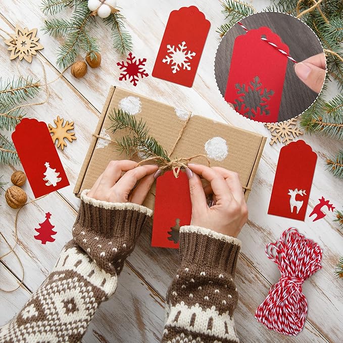 Aneco 150 Pieces Christmas Paper Gift Tags Red Kraft Tags Hang Labels Christmas Tree Snowflake Reindeer Design with 30 Meters Twine for Christmas DIY Wrapping Favor Holiday Present