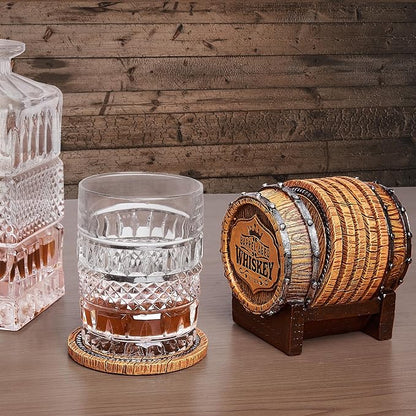 Cabin Obsession Whiskey Barrel Coaster Set – Handcrafted Whiskey Barrel Decor for Whiskey Lovers and Man Cave Gifts for Men - 6 Full Size Whiskey Coasters with Barrel Style Holder for Man Cave Décor