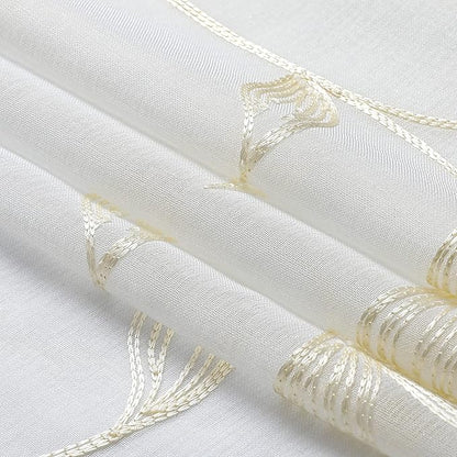 VISIONTEX White Sheer Voile Curtains, Decorative Leaves Embroidery Faux Linen Rod Pocket Window Drapes for Home Kitchen, Living Room and Bedroom 26 x 36 Inch, Set of 2 Curtain Panels