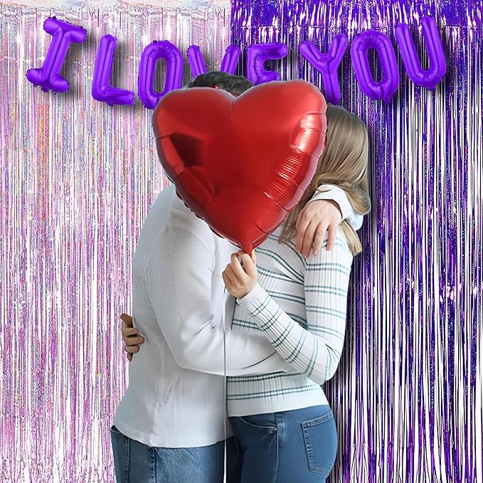 BRAVESHINE 1 Purple 1 Pink Streamers Party Photo Backdrop - 3.2 ft x 8.2 ft Metallic Tinsel Foil Fringe Curtains for Valentine’s Day/Women Birthdays/Engagement/Bridal Shower/Bachelorette Decorations