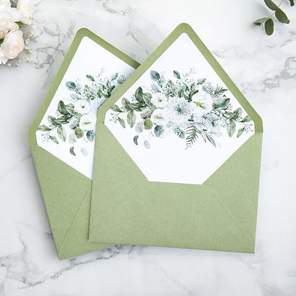 PONATIA 50PCS A7 Euro Flap Envelopes, 5.25 x 7.25'' Sage Green Flowers Liner Envelope for Wedding Invitations, Photos, Postcards, Greeting Cards, Christmas Gift, Acrylic Mailing, 5 x 7 Envelopes
