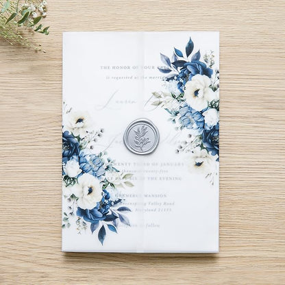 PONATIA 50PCS Vellum Jackets for 5x7 Invitation Cards- 135GSM Dusty Blue Flowers Vellum Sleeves, Wedding Invitations Wraps - Transparent Christmas Gift Cards Jackets
