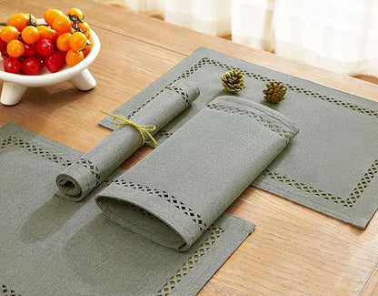 Burlap Placemats Set of 6, 12 x 18 Inch Rustic Geometric Hollow Place Mats, Heat Resistant Placemats for Farmhouse Kitchen Table Decor, Grey 6PCS