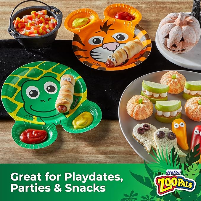 Hefty Zoo Pals Party Edition Paper Plates for Kids, Assorted Animal Designs, 7.75 Inches with Two Dipping Compartments, Multi-Color, 20 Count