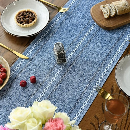 Artoid Mode Blue Rustic Cotton Linen Table Runner, Seasonal Embroidered Hollow Kitchen Dining Table Decoration for Home Party Decor 13x72 Inch