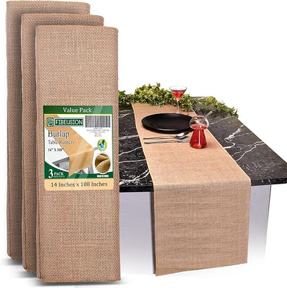 Burlap Table Runners (Pack of 3) – 14”x 108” - No-Fray Finished Edge Premium Quality Natural Table Runner – No Odor, Eco-Friendly Burlap Runner, Perfect for Rustic Table Decor and Other DIY Crafts