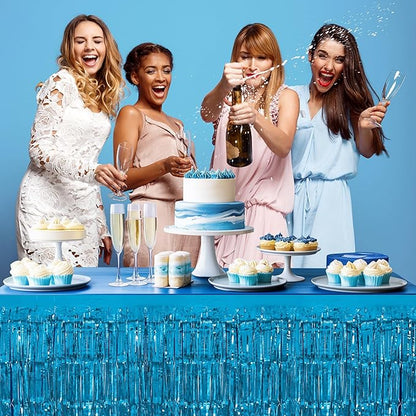 2 Pack Lake Blue Table Skirts, 29x108" Metallic Foil Tinsel Fringe Table Skirts for Rectangle Tables Streamer Curtains Backdrop, Party Decorations for Birthdays Weddings Holidays