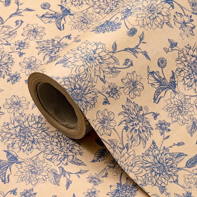 WRAPAHOLIC Kraft Blue Floral Wrapping Paper - Mini Roll - 17 Inch x 16.5 Feet - Vintage Blue Toile De Jouy Flower Wrapping Paper Perfect for Wedding, Birthday, Bridal Shower, Tea Party
