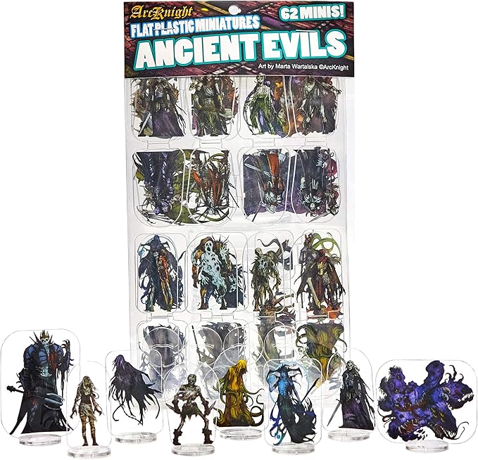 Arcknight Flat Plastic Miniatures: Ancient Evils; 62 Unique Evil-Themed Minis for DND 5e and Pathfinder; Affordable, Skinny Figurines for Dungeons and Dragons and Other Tabletop RPG Games