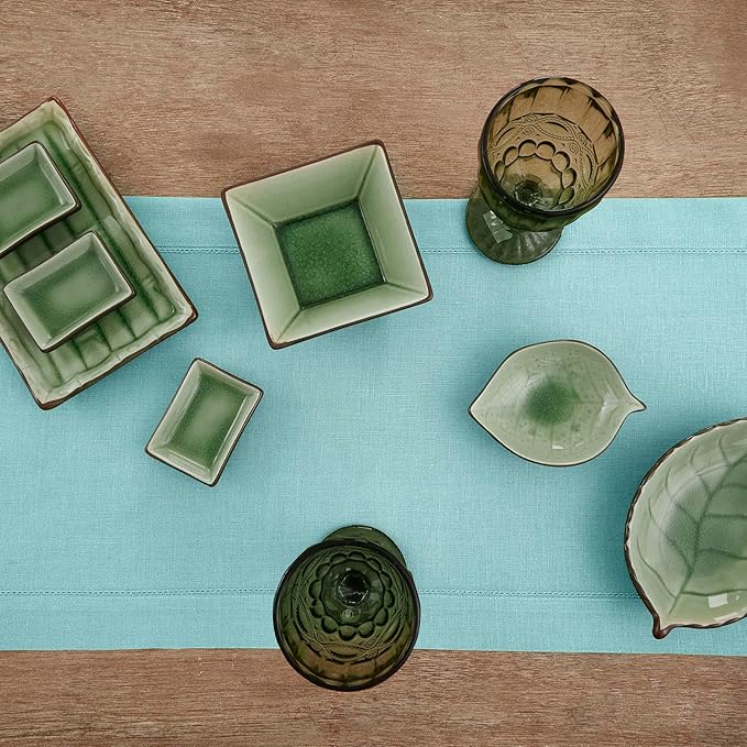 Solino Home Linen Aqua Blue Table Runner 72 Inches Long - 100% Pure Linen Hemstitch Table Runner 14 x 72 Inch for Dresser, Dining - Classic Hemstitch