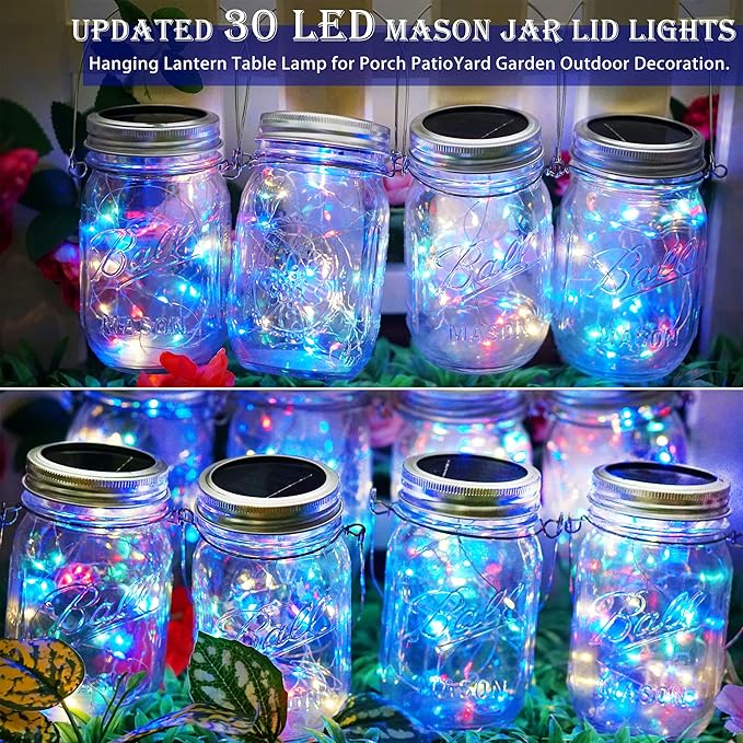 SunKite Solar Mason Jar Lights, 12 Pack 30 LED Waterproof Fairy Firefly Jar Lids String Lights with Hangers(NO Jars), Patio Yard Garden Wedding Decoration - Multicolored2