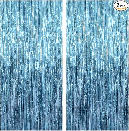 2 Pack Blue Streamers Party Decorations Fringe Backdrop Ocean Themed Decorations Foil Curtain Backdrop Blue Birthday Ocean Party Decor Supplies
