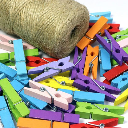 Mini Natural Wooden Clothespins with Jute Twine, 100pcs, 1.4 Inch Photo Paper Peg Pin Craft Clips with 320ft Natural Twine for Scrapbooking, Arts & Crafts, Hanging Photos (Assorted Colors)