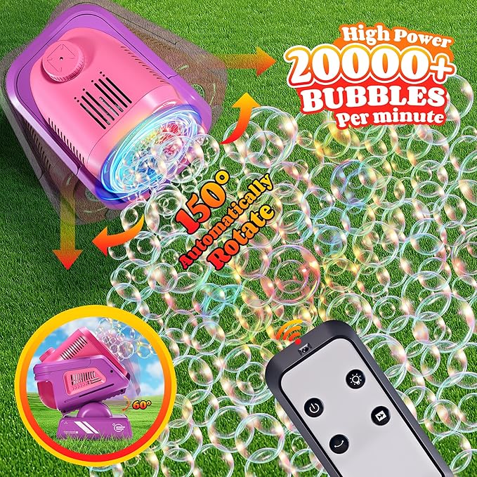 2025 Upgraded Bubble Machine with Remote Control, Automatic Rotation & RGB Lights, 1800mAh Rechargeable Battery, Type-C Charge, Bubble Maker for Kids, Weddings, Birthday Parties, Outdoor Activities