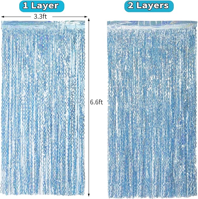 4 Pack Wavy Blue Tinsel Backdrop Streamers Party Decorations 3.3x6.6 Feet | Foil Fringe Curtain Ocean Themed | Blue Birthday Decorations