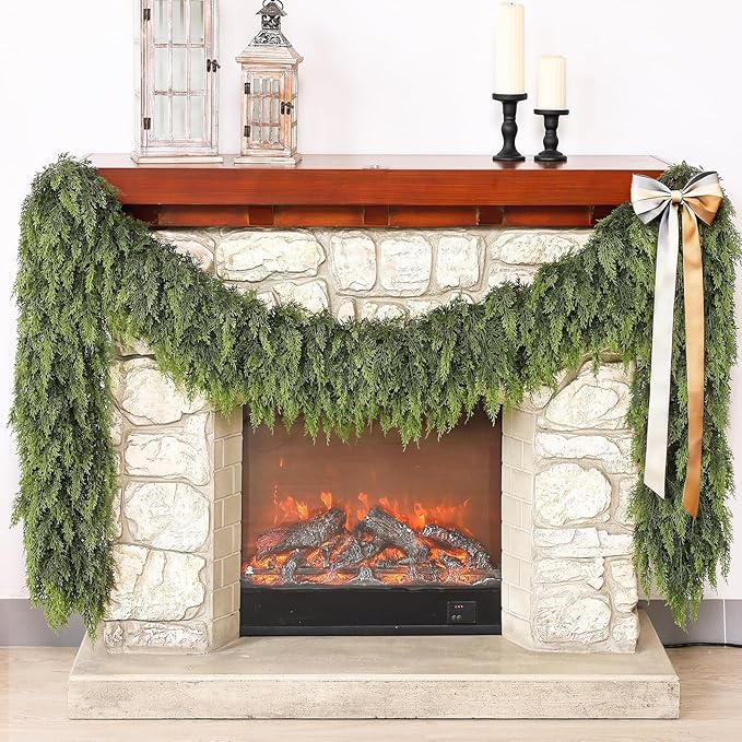 Real Touch Cedar Garland - Artificial Christmas Garlands Faux Green Cedar Fake Pine Needles Garland for Fireplace,Table, Stairs, Mantle, Window,Indoor Outdoor,Home,Holiday Decor(2 PCS,9 FT)