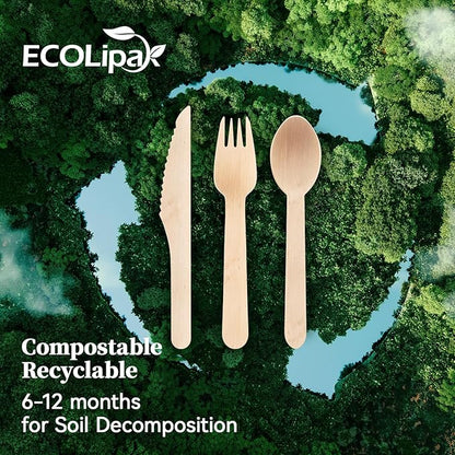 ECOLipak 300 Count Disposable Wooden Cutlery Set, 100 Knives, Forks and Spoons each, Splinter-Free Compostable Wooden Disposable Utensils for Party, Camping, Traveling, Family Dinners