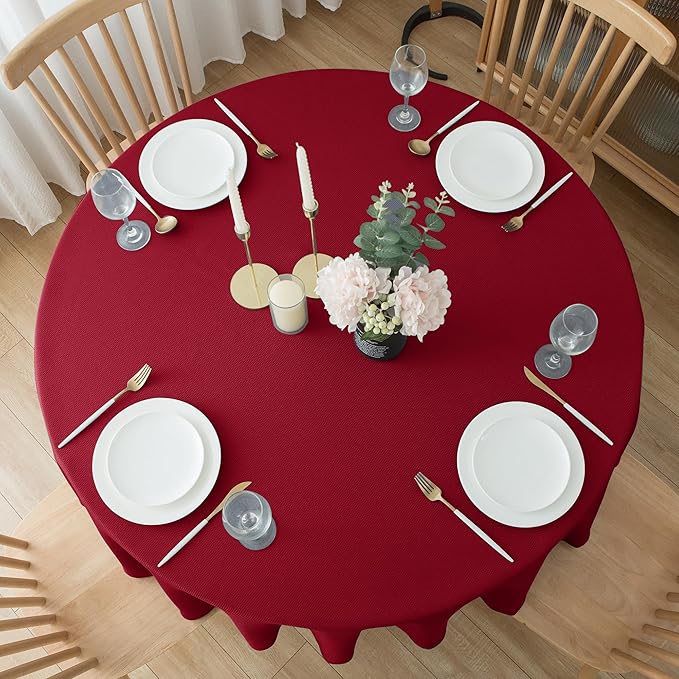 Biscaynebay Textured Fabric Round Christmas Tablecloths 70", Red Water Resistant Tablecloths for Dining, Kitchen, Wedding & Parties, etc Machine Washable