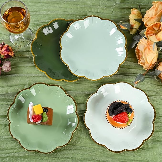 Sage Green Party Plates Gradient Green Dessert Paper Plate 7inch Gold Foil Scalloped Edge Disposable Cake Plates for Christmas Birthday Bridal Baby Shower Wedding Party Supplies (48)