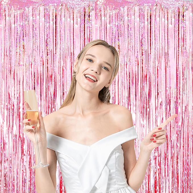 2 Pack 3.3x8.2 Feet Laser Pink Foil Fringe Backdrop Curtains, Tinsel Streamers Birthday Party Decorations, Fringe Backdrop for Graduation, Baby Shower, Gender Reveal, Disco Party