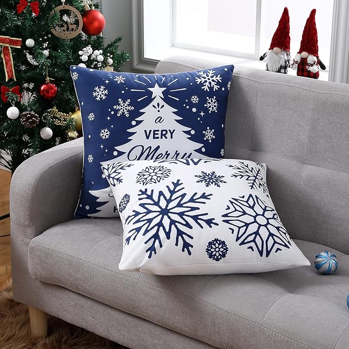 Christmas Pillow Covers 20X20 Set of 4 Navy Blue white Christmas Decorations Merry Christmas Snowflake Throw Pillow Covers Deer Xmas Tree Decor