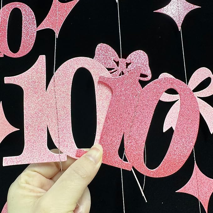 Glitter Pink 10th Bow Birthday Decorations Hot Pink Conquette Bow Garland Streamer Banner Backdrop for Girls Happy 10th Birthday Double Digits I'm 10 Cheers to 10 Years Old Anniversary Party Supplies