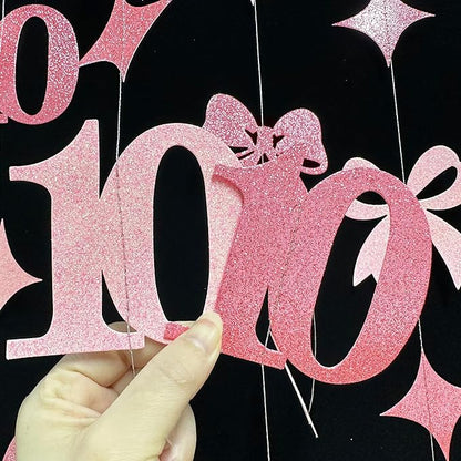 Glitter Pink 10th Bow Birthday Decorations Hot Pink Conquette Bow Garland Streamer Banner Backdrop for Girls Happy 10th Birthday Double Digits I'm 10 Cheers to 10 Years Old Anniversary Party Supplies
