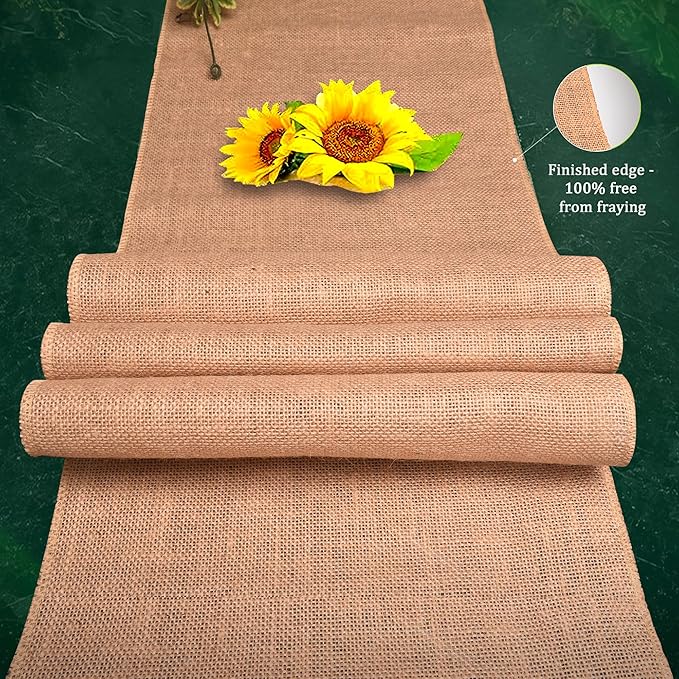 Burlap Table Runners (Pack of 6) – 12”x 108” - No-Fray Finished Edge Premium Quality Natural Table Runner – No Odor, Eco-Friendly Burlap Runner, Perfect for Rustic Table Decor and Other DIY Crafts
