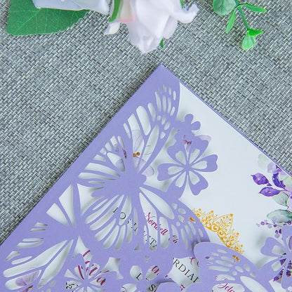 20 PCS 5.12x7.2 Butterfly Quinceanera Invitation Cards, Laser Cut Wedding 5x7 Invitation Cards with Envelopes for XV Anos Bridal Shower Baby Shower Invite (Violet)