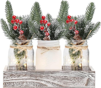 Christmas Mason Jars, Christmas Centerpiece Table Settings, Wood Tray with 3 Painted Jars, Dining Coffee Table Centerpiece, For Kitchen, Living Room, White Mason Jar Decor with Flowers