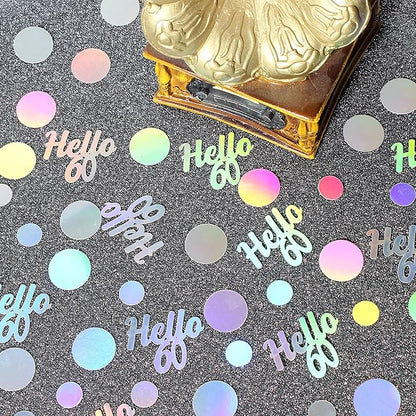Hello 60 Birthday Confetti for Table Iridescent 60th Birthday Party Decorations for Women Sixty Years Old Happy Birthday Tables Scatter Circle Dots Party Confetti Anniversary Decor 300PC