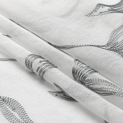 VISIONTEX Sheer Curtains 63 Inch Length 2 Panels, Decor Iron Grey Vine Leaves Embroidery on White Voile Pair, Accent Semi Window Drapes for Kitchen, Living Room and Bedroom, 54" W x 63" L