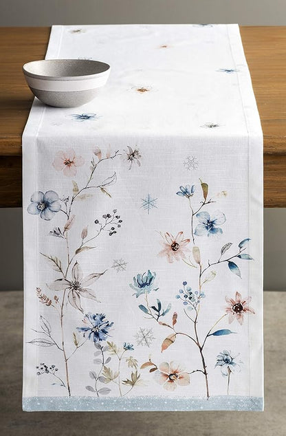 Maison d' Hermine Table Runner 100% Cotton Single Layer Table Runners 48 inches Long for Thanksgiving Christmas Decorations Home Kitchen Dining Party Wedding (Ice Florals, 14.5" x 48")