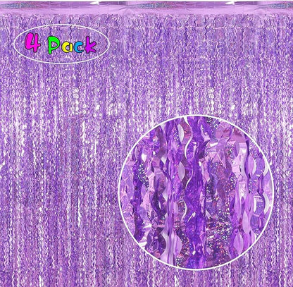 4 Pack Sparkle Wavy Purple Tinsel Curtain Party Backdrop - 3.3X6.6ft Foil Fringe Curtain Party Photo Booth Streamers for Mermaid Euphoria Themed Decorations
