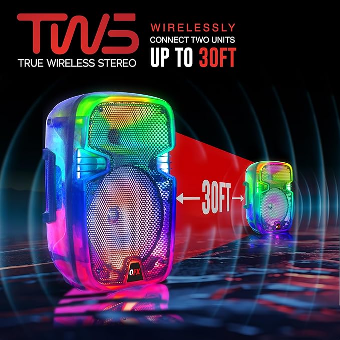 Crystal Clear Sound, Bright Party Lights, Portable & Easy to Use | 8" Rechargeable Bluetooth PA Karaoke Loud Party Speaker, 5-Hour Playtime | TWS, USB, TF, AUX, FM Radio | QFX | TMS-853