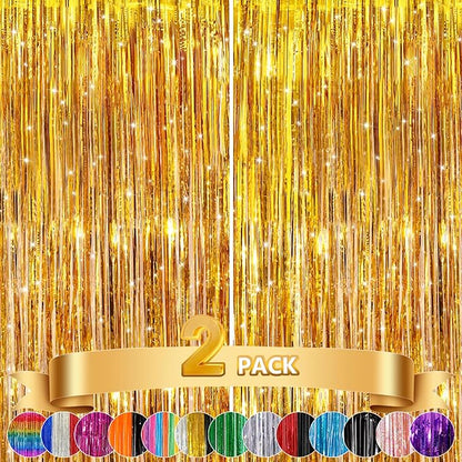 2Pack Gold Party Streamers, Gold Metallic Tinsel Streamers for Birthday Wedding Party Decors Graduation, Baby Shower, Photo Booth Props for Bachelorette Decors Xmas Halloween Party Supplies Backdrop