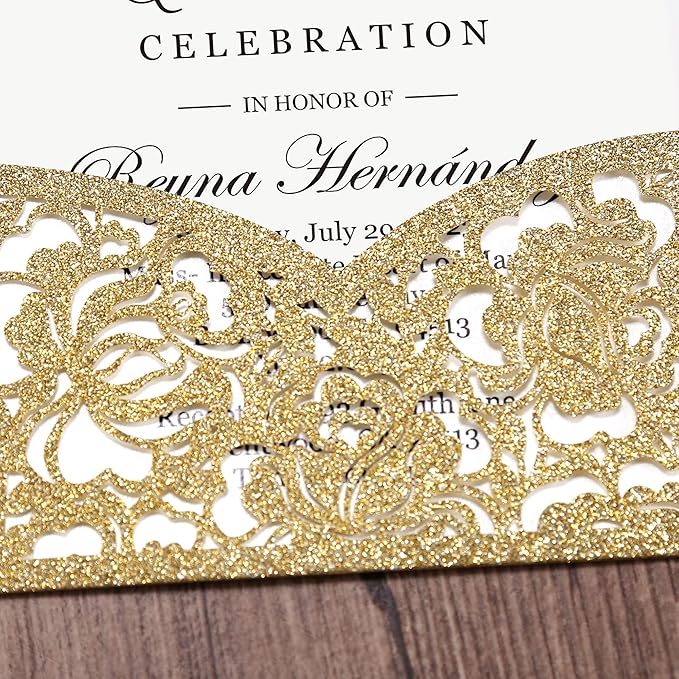 DORIS HOME 50pcs Laser Cut Quinceanera Invitations Gold Glitter, 4.7x7.1 Personalized Quince Invitations for 15th Birthday, Invitation cards for Sweet 16 with Envelopes