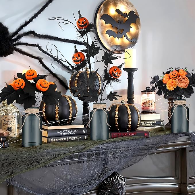 Vintage Glass Flower Vase，6 Pack Farmhouse Black Glass Centerpiece Vases Mason Jars for Halloween Weddings, Parties & Home Decor Bulk (6, Black)