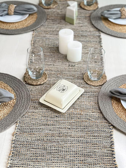 Chardin home Natural Jute Table Runner 13x108 Inch – Vintage Boho Rustic Table Decor – Handwoven Long Table Runner in Natural Jute and Grey – Farmhouse Dining or Console Table Accent
