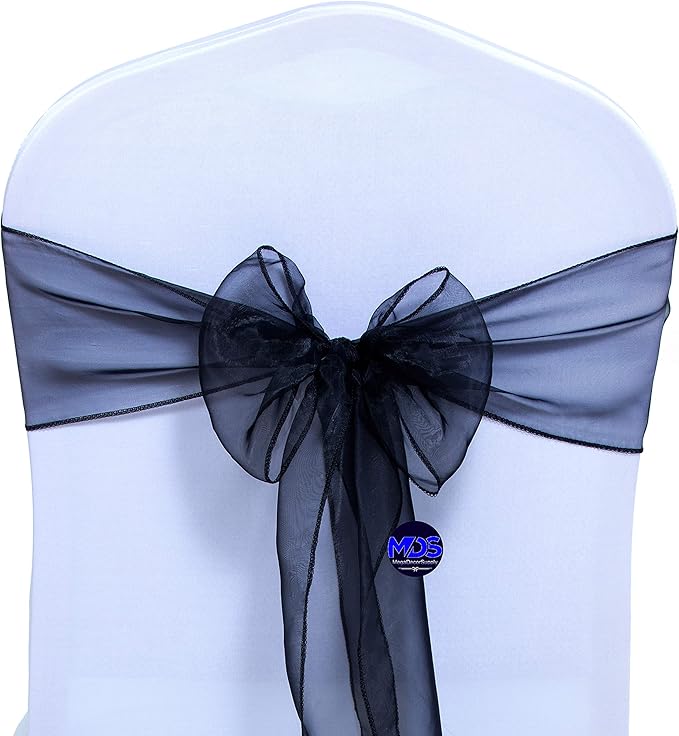 MDS Pack of 300 PCS Organza Chair Sashes Wider Dining Chair Bows Ribbon Tie Back for Wedding Party Birthday Bridal Shower Reception Event Banquet Home Chair Cover Decoration - Black