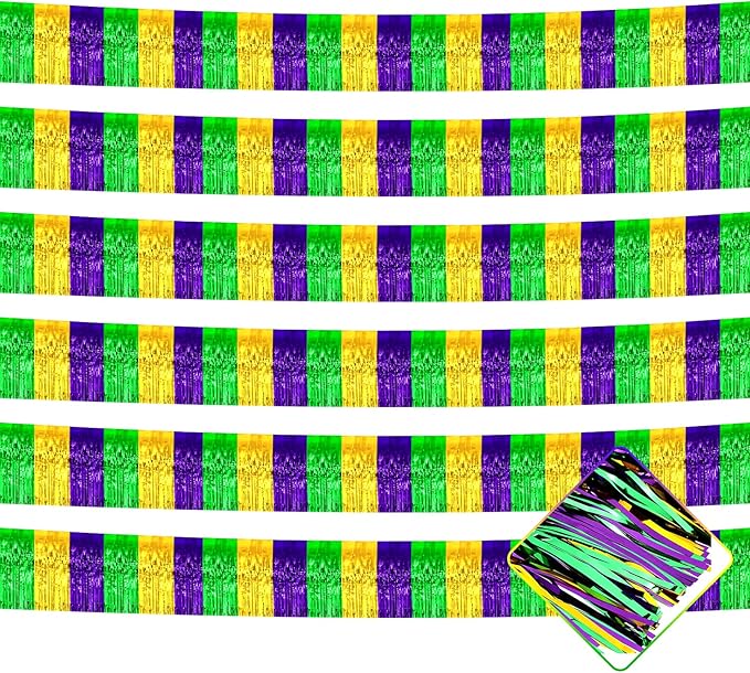 10 Pack 10 Feet Mardi Gras Foil Fringe Garland Metallic Tinsel Streamers Banner Wall Hanging Backdrop for Parade Floats, Bachelorette, Wedding, Birthday, Carnival Party Decorations(Gold Green Purple)