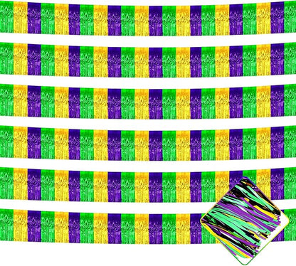 10 Pack 10 Feet Mardi Gras Foil Fringe Garland Metallic Tinsel Streamers Banner Wall Hanging Backdrop for Parade Floats, Bachelorette, Wedding, Birthday, Carnival Party Decorations(Gold Green Purple)