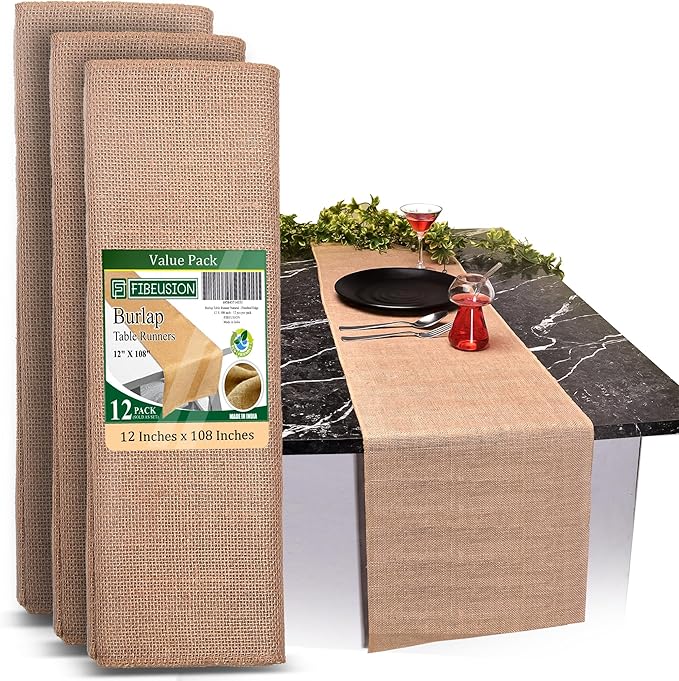 Burlap Table Runners (Pack of 12) – 12”x 108” - No-Fray Finished Edge Premium Quality Natural Table Runner – No Odor, Eco-Friendly Burlap Runner, Perfect for Rustic Table Decor and Other DIY Crafts