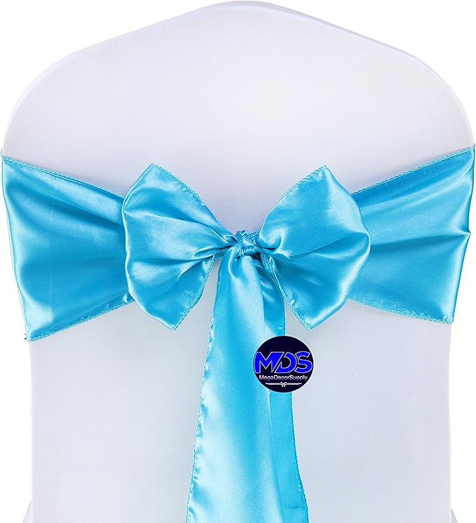 MDS Pack of 300 PCS Satin Chair Sashes Charmeuse Sateen Dining Chair Bows Ribbon Ties Back Sash for Wedding Party Birthday Home Hotel Restaurant Banquet Decoration (7 x 108 Inch, Turquoise)