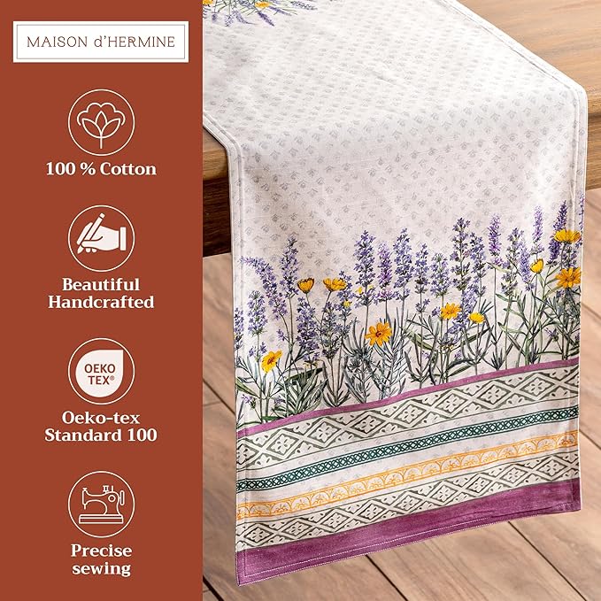 Maison d' Hermine Table Runner 100% Cotton Double Layer Table Runners 72 inches Long Decorative for Home Kitchen Dining Party Wedding Bridal Shower Spring Summer (Fanny Lavender, 14.50" x 72")