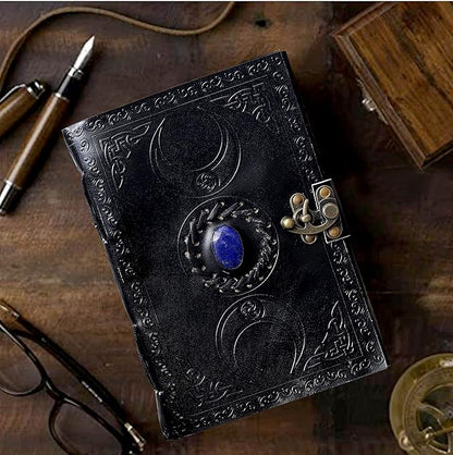 3 Moon Blue Lapiz Embossed Vintage Leather Journal | 240 Pages of Antique Handmade Deckle Edge Vintage Paper, Leather Sketchbook, Drawing Journal, Great Gift (5 by 7 inch, black)
