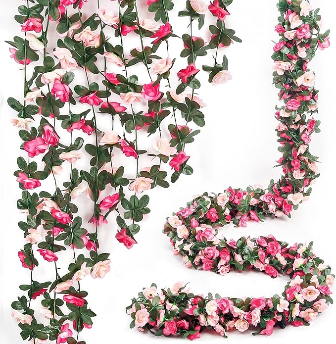 Miracliy 5Pcs 41FT Pink Flower Garland Artificial Rose Arch Vines Fake Spring Floral Garland for Flower Wall Backdrop Wedding Mothers Day Garden Tea Party Decoration