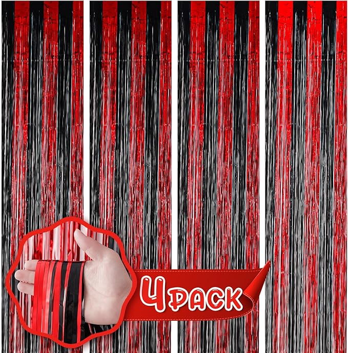 4 Pack 3.3x8.2 Feet Red and Black Foil Fringe Backdrop Curtains, Tinsel Streamers Birthday Party Decorations, Fringe Backdrop for Graduation, Baby Shower, Gender Reveal, Disco Party