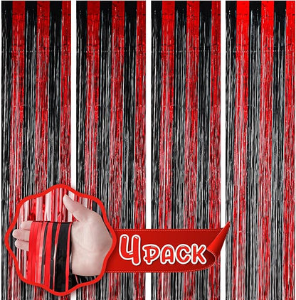 4 Pack 3.3x8.2 Feet Red and Black Foil Fringe Backdrop Curtains, Tinsel Streamers Birthday Party Decorations, Fringe Backdrop for Graduation, Baby Shower, Gender Reveal, Disco Party